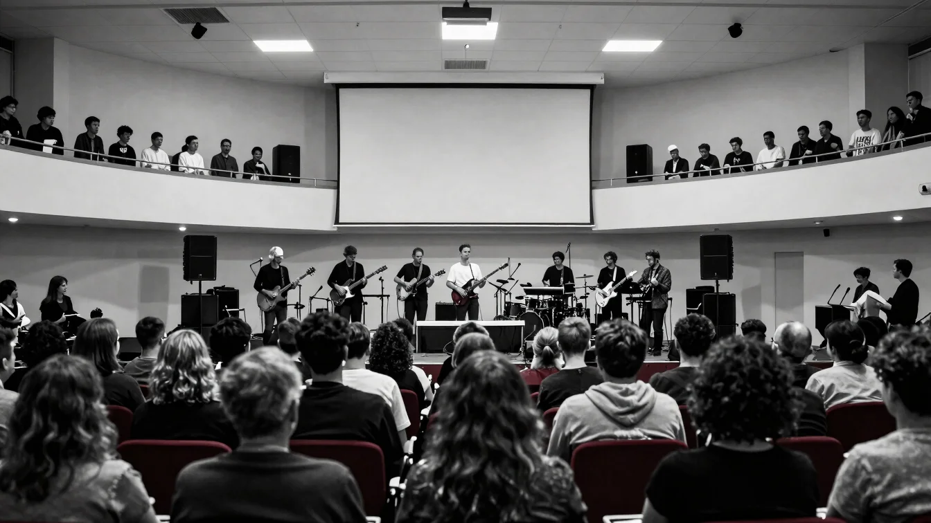 Vue large d’une scène de concert vue depuis la salle, lumière de scène sobre, contraste noir et blanc avec accents borde